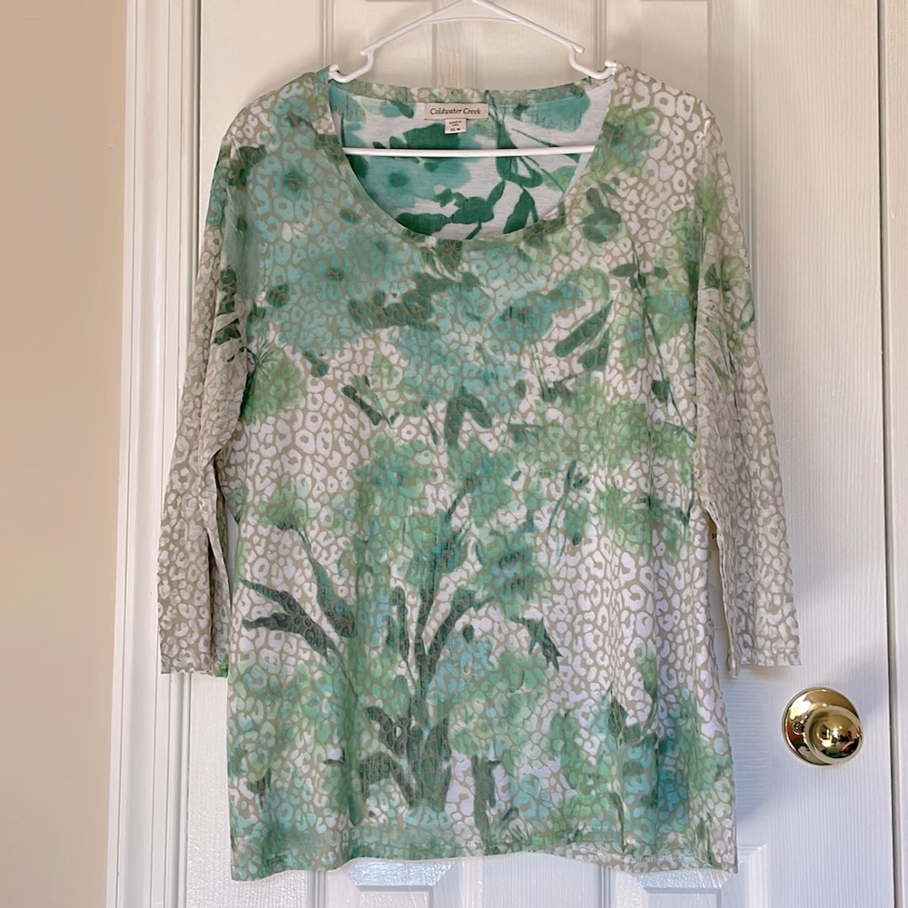 Coldwater Creek Green and White Floral Blouse